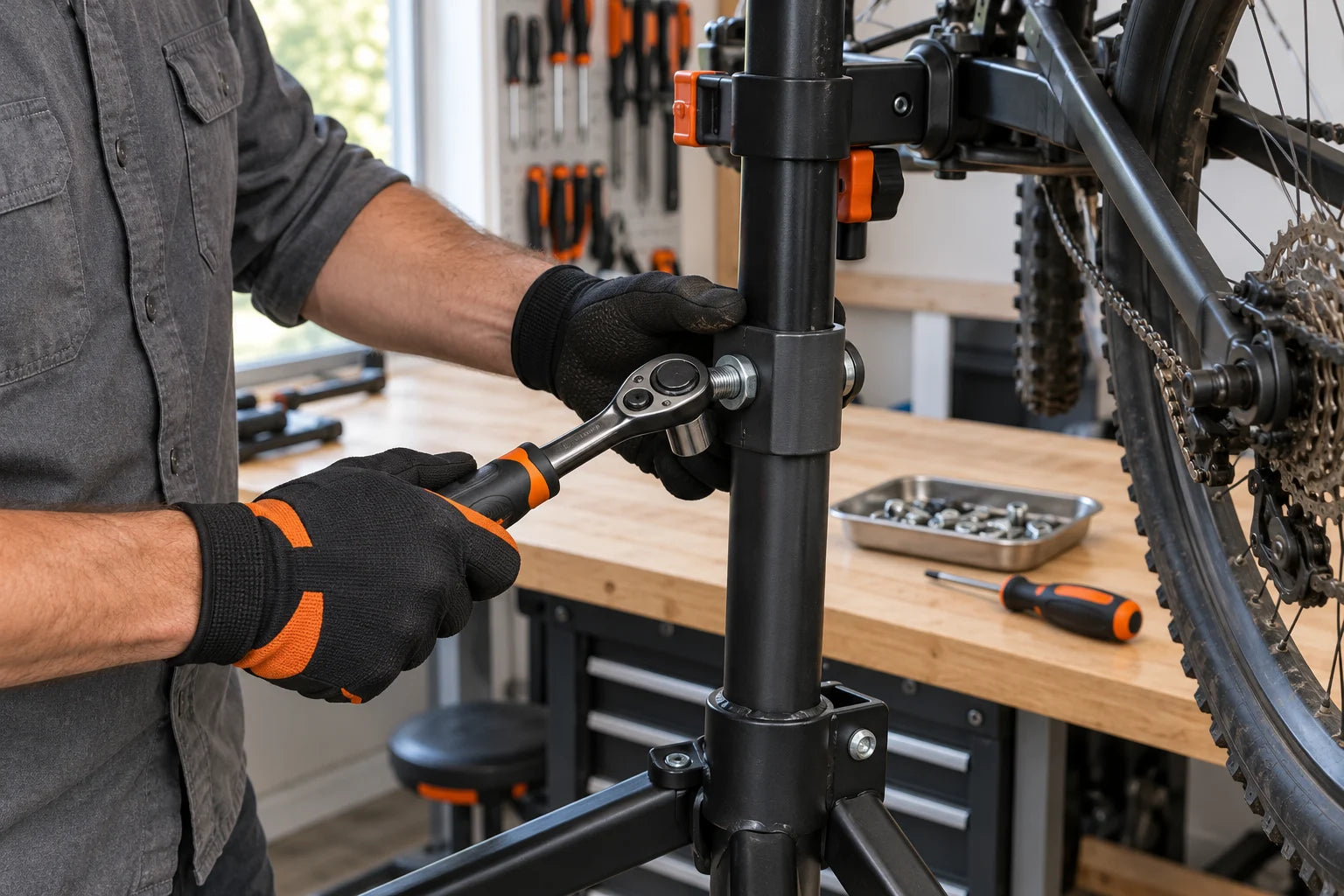 Gloved hands using a socket wrench at a bicycle repair stand