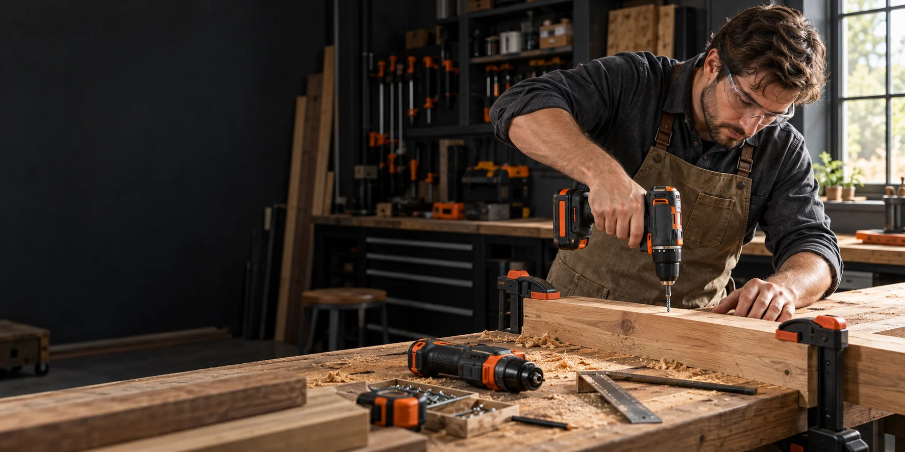 Craftsperson driving a screw into clamped timber in a workshop